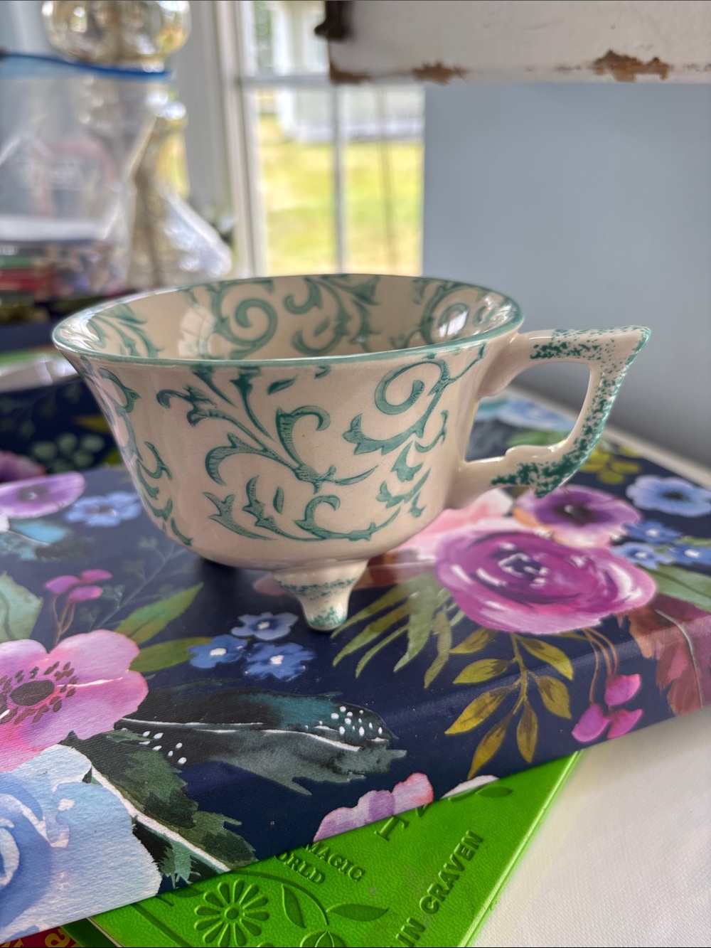 Decorative Ceramic Teacup in Aqua Scroll Pattern - Unbranded